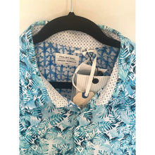 Load image into Gallery viewer, Projek Raw Linen Button Up Shirt Mens L Blue Tropical Short Sleeve