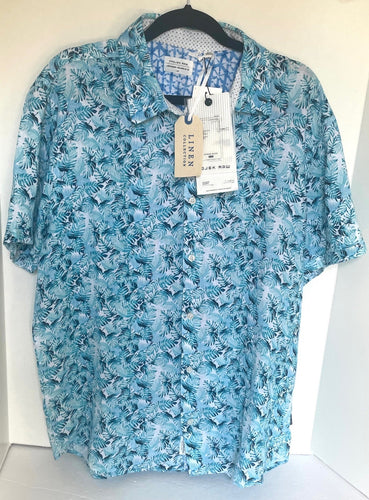 Projek Raw Linen Shirt Mens Large Blue Short Sleeve Tropical Lightweight Regular