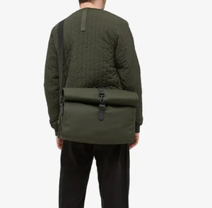 RAINS Waterproof Rolltop Messenger Bag Laptop Sleeve Green Large Unisex Vegan