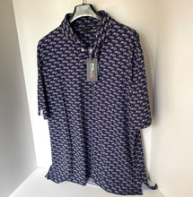 Load image into Gallery viewer, Navy blue shirt with pink floral pattern on a hanger against a white background