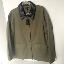 Load image into Gallery viewer, Green jacket with black collar on a white background