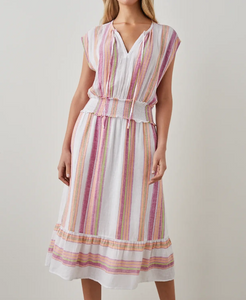 Rails Ashlyn Linen-Blend Midi Dress Large Pink Cap Sleeve ALine VNeck Stripe