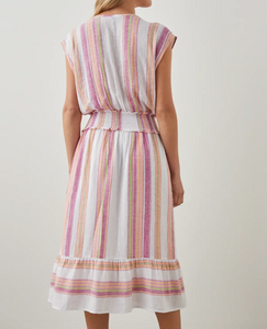 Rails Ashlyn Linen-Blend Midi Dress Large Pink Cap Sleeve ALine VNeck Stripe