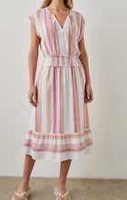 Load image into Gallery viewer, Rails Ashlyn Linen-Blend Midi Dress Large Pink Cap Sleeve ALine VNeck Stripe