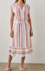 Rails Ashlyn Linen-Blend Midi Dress Large Pink Cap Sleeve ALine VNeck Stripe