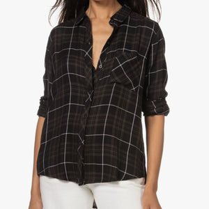 Rails Hunter Shirt Womens Plaid Button Up Long Sleeved, Olive Carbon White