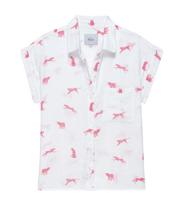 Rails Whitney Shirt Womens White Linen Short Sleeve Button Pink Leopard Cats