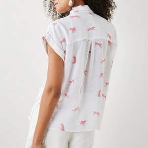 Rails Whitney Shirt Womens White Linen Short Sleeve Button Pink Leopard Cats