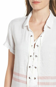 Rails Womens Rocky V-Neck Short Sleeve Lace-Up Stripe White Linen Dress, M