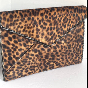 Rebecca Minkoff Clutch Womens Leo Brown Leopard Leather Slim Envelope Zipper Trim