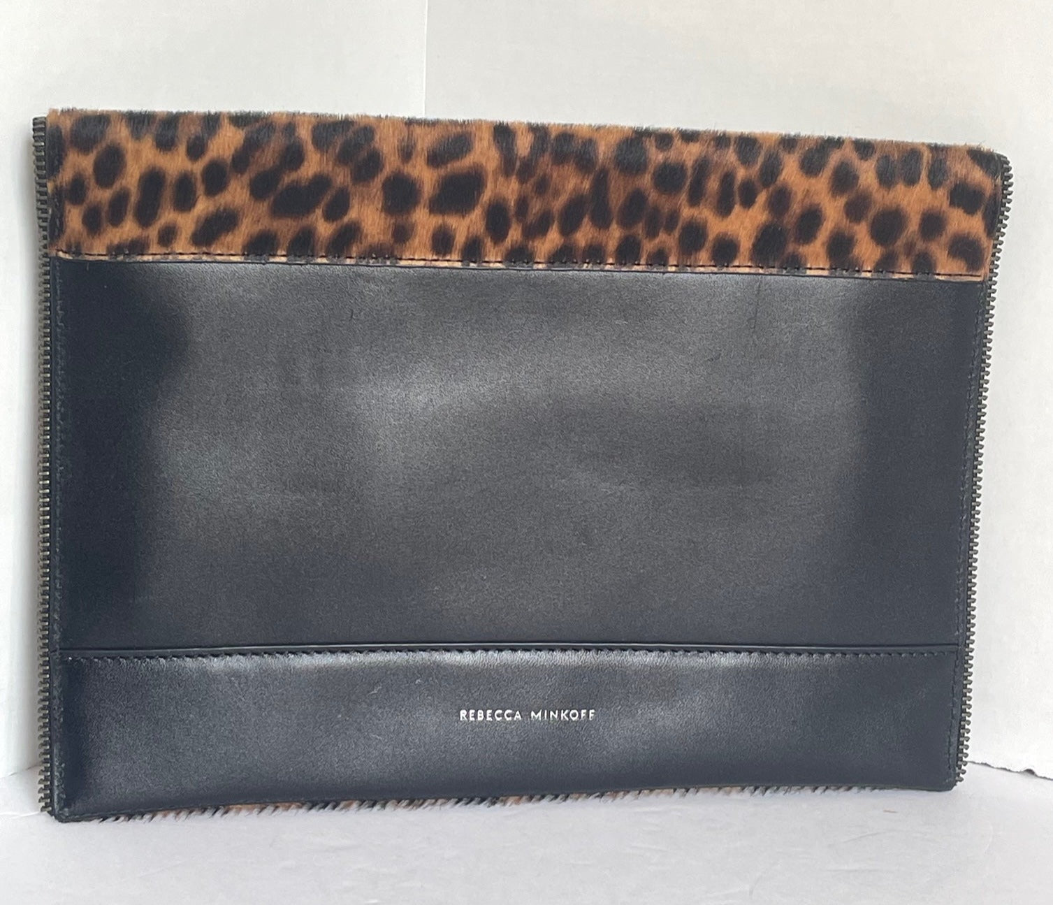 Rebecca Minkoff Leo Envelope Clutch Brown Leopard Leather Slim Zipper Trim