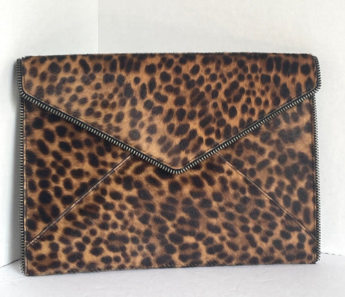 Rebecca Minkoff Clutch Womens Leo Brown Leopard Leather Slim Envelope Zipper Trim