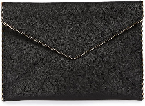 Rebecca Minkoff Clutch Womens Leo Black Leather Slim Envelope Zipper Trim