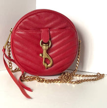 Load image into Gallery viewer, Red round handbag with gold chain strap on a white background