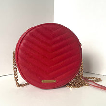 Load image into Gallery viewer, Red round handbag with gold chain strap on a white background