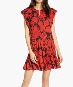 Rebecca Minkoff Mini Dress Womens Large Red Flutter Sleeve Pleated Ruffles