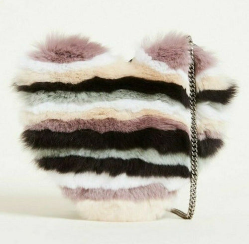 Rebecca Minkoff Women's Heart Striped Fur Trim Leather Chain Strap Crossbody