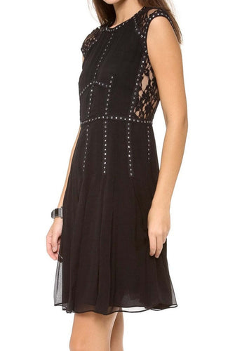Rebecca Taylor Dress Womens 12 Black Silk Fit Flare Sleeveless Lace Studded A-Line