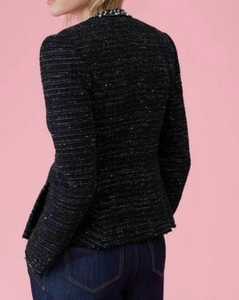 Rebecca Taylor Jacekt Womens 8 Black Tweed Collarless Peplum Hem Pearl Trim Blazer