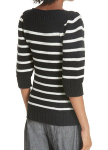Rebecca Taylor Sweater Womens Small Black Boat Neck Elbow Sleeve Stripe Cotton Wool