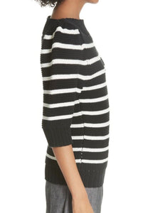 Rebecca Taylor Sweater Womens Small Black Boat Neck Elbow Sleeve Stripe Cotton Wool
