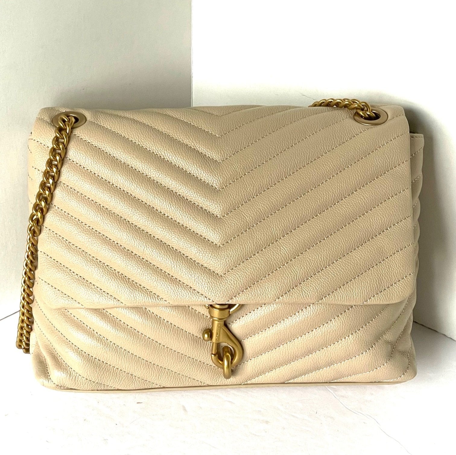 Rebecca Minkoff Edie Flap Quilted Chevron Shoulder Bag Beige Leather C Luxe Fashion Finds