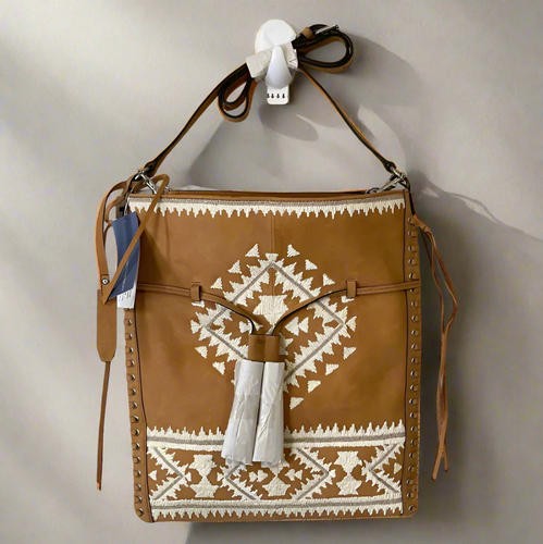 Rebecca Minkoff Boho Drawstring Leather Crossbody Bag Brown Slim Aztec Print