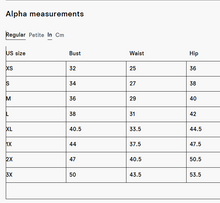 Load image into Gallery viewer, Size chart for bust, waist, and hip measurements in inches and centimeters.