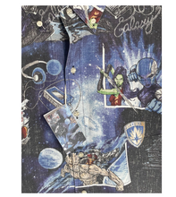 Load image into Gallery viewer, Shirt with space-themed graphics and characters on a dark background