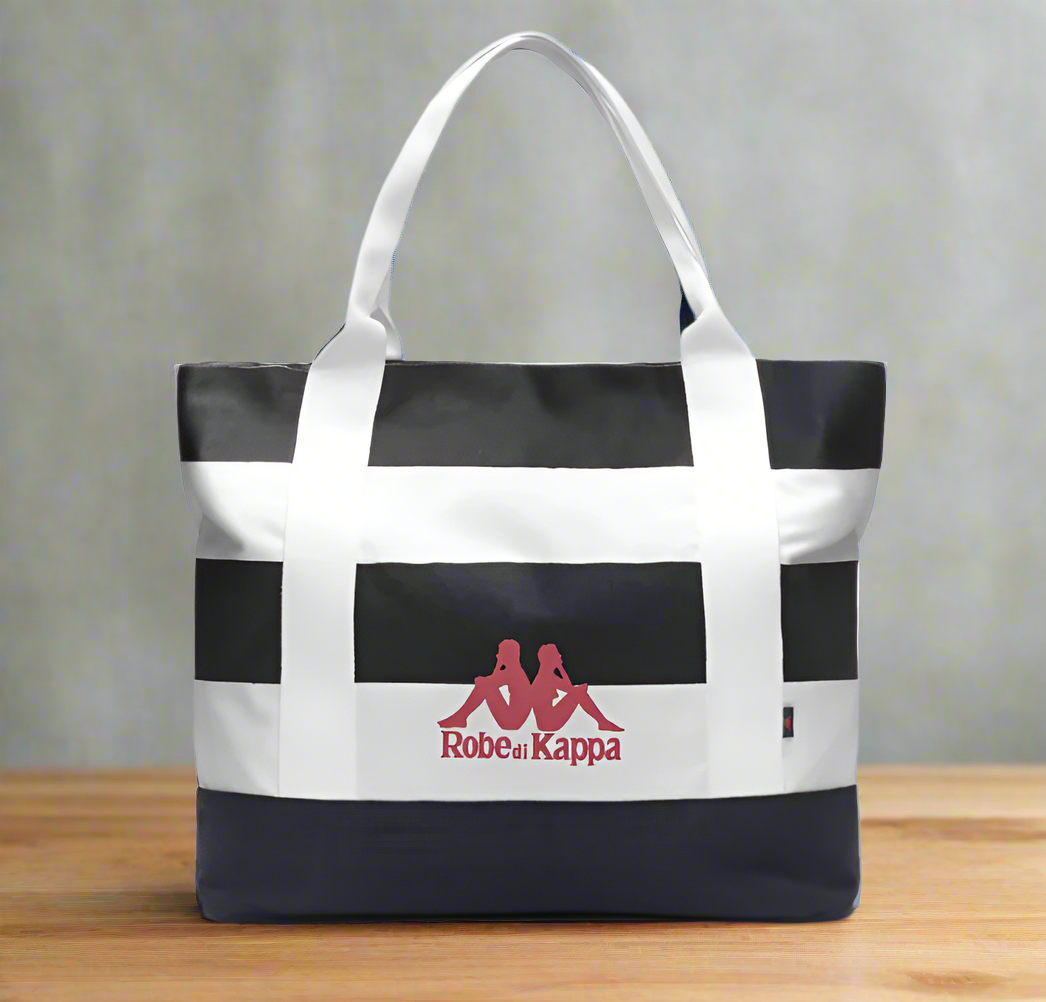 Black and white tote bag with a red logo on a white background