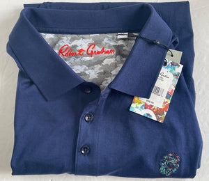 Robert Graham Polo Shirt Mens Extra Large Navy Blue Stone Trail Rugby Classic Fit