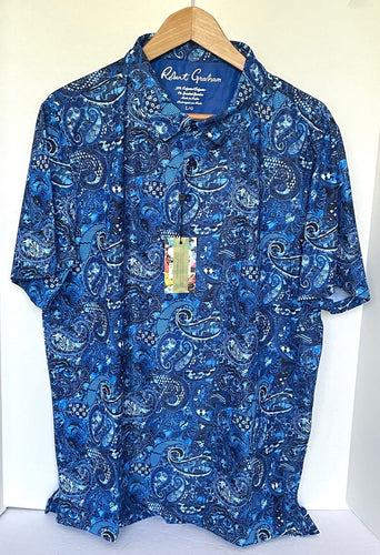 Robert Graham Polo Shirt Mens Large Blue Paisley Classic Fit Rugby Golf Pullover