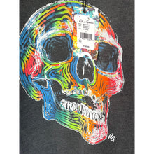 Load image into Gallery viewer, Black t-shirt with a colorful skull design and a tag on a white background