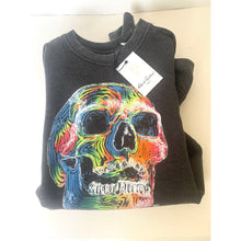 Load image into Gallery viewer, Black sweatshirt with a colorful skull design on a white background