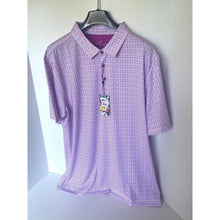 Load image into Gallery viewer, Purple checkered polo shirt on a hanger against a white background
