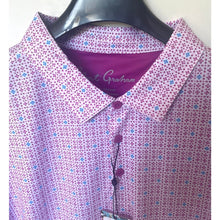 Load image into Gallery viewer, Purple patterned shirt with a visible brand name on a hanger