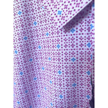 Load image into Gallery viewer, Close-up of a patterned shirt with small blue and purple designs on a white background
