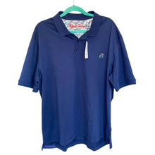 Load image into Gallery viewer, Blue polo shirt on a hanger with a visible brand label.