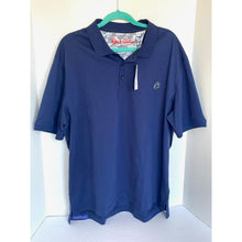 Load image into Gallery viewer, Blue polo shirt on a hanger against a white background