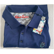Load image into Gallery viewer, Folded navy blue shirt with a tag on a light gray background