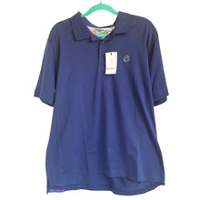 Load image into Gallery viewer, Blue polo shirt on a hanger with a tag against a white background