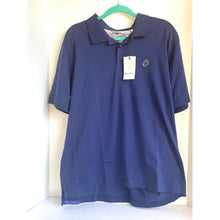 Load image into Gallery viewer, Navy blue polo shirt on a hanger with a white background
