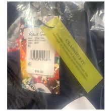 Load image into Gallery viewer, Clothing tag with product details on a black background
