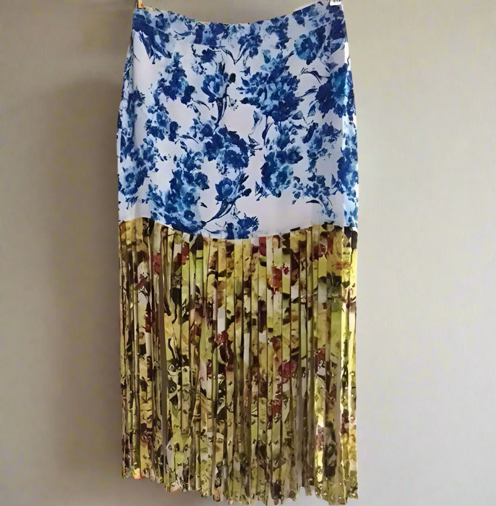 Rococo Sand  Silk Floral Mini Long Fringe Skirt Womens Medium Gold Grommet