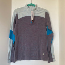 Load image into Gallery viewer, Gray and blue pullover with a brand tag on a white background