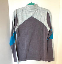 Load image into Gallery viewer, Gray and blue long-sleeve shirt on a hanger against a white background