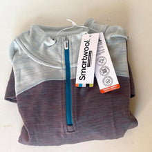 Load image into Gallery viewer, Folded gray and purple garment with Smartwool tags on a beige background