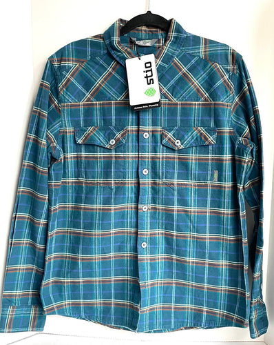 Stio Junction Midweight Flannel Shirt Mens Medium Green Plaid Check Cotton Organic