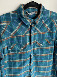 Stio Junction Midweight Flannel Shirt Mens Medium Green Plaid Check Cotton Organic