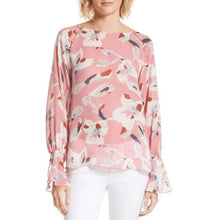 Load image into Gallery viewer, Tanya Taylor Silk Floral Top Pink Boat Neck Bell Cuff Hand Painted 4